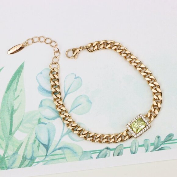 "Elegant Rose Gold Bracelet with Green Stone & Cubic Zirconia Charm, XPBL0805 - Picture 3 of 12